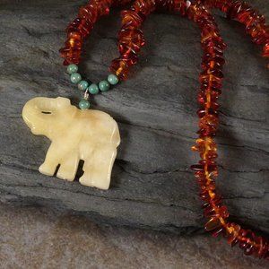 Elephant Necklace, Amber, Turquoise, Aragonite